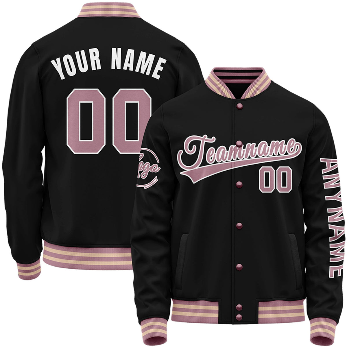 Custom black and pink girl's baseball jackets by Vosoli with stitched name, number and logo. Classic varsity jacket for baseball and casual wear.