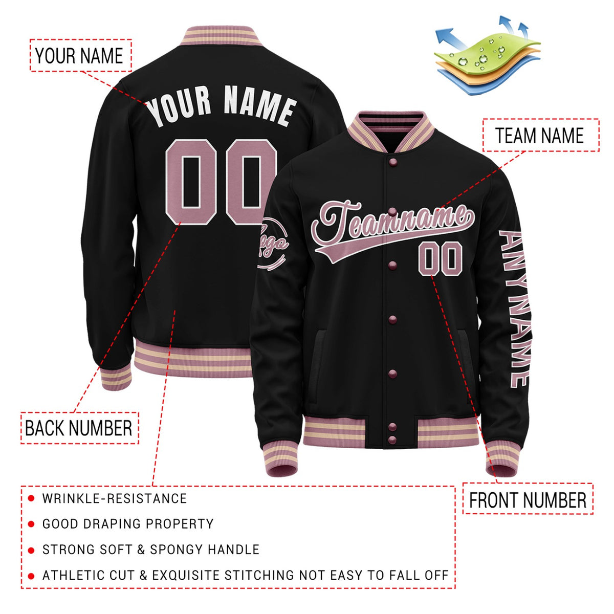 Custom Black & Pink Two Tone Varsity Letterman Jacket | Personalized Stitched Team Name Number Outerwear