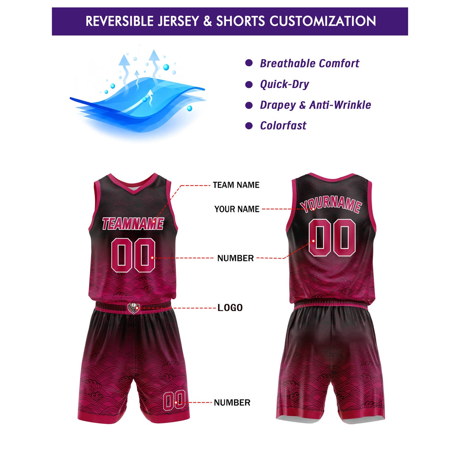 Custom Black Pink Gradient Wave Basketball Uniform | Personalized Team Kit - Vosoli