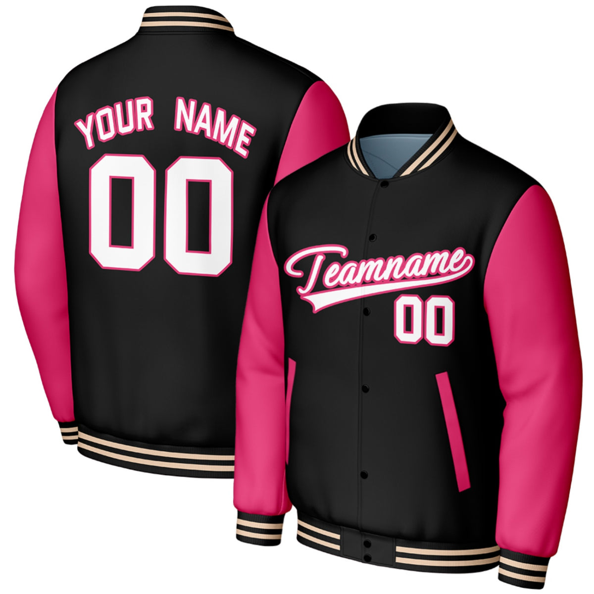 custom black pink high school baseball varsity jacket by Vosoli, personalized stitched name, number &amp; logo, classic button up varsity letterman jacket for high school baseball team and casual wear