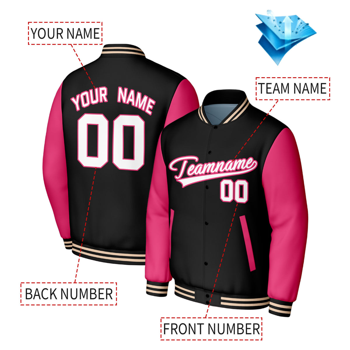 Custom Black & Pink Baseball Jacket | Personalized Letterman Jacket with Stitched Name & Number for Adult & Youth
