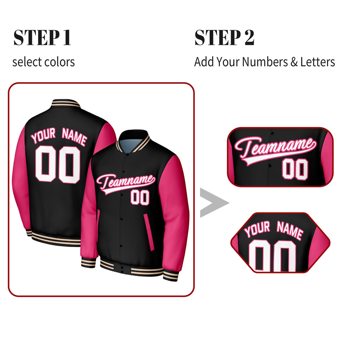 Custom Black & Pink Baseball Jacket | Personalized Letterman Jacket with Stitched Name & Number for Adult & Youth