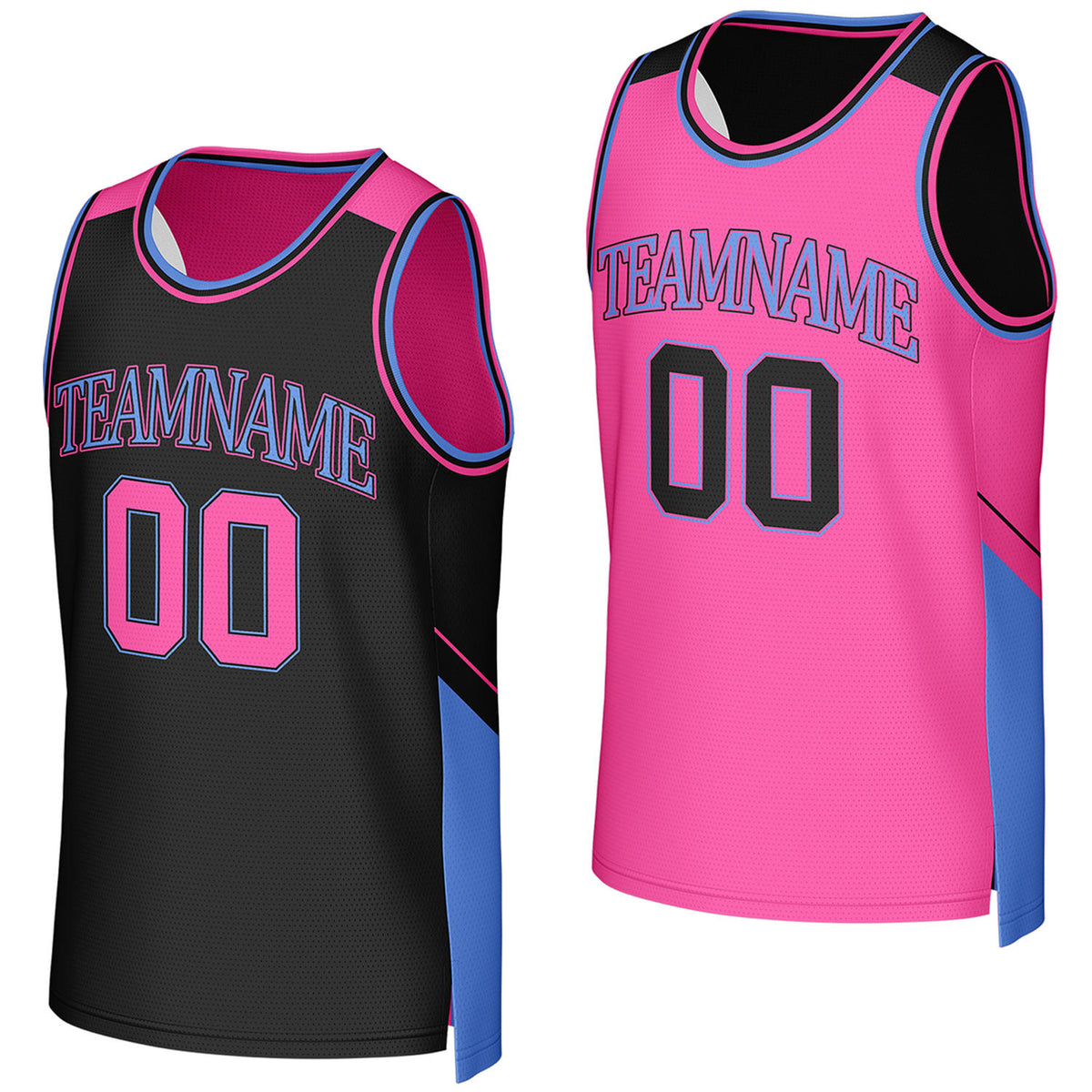 Custom black & pink reversible basketball jersey by Vosoli. Personalized with team name, player name, number, and logo on both sides. Breathable mesh 2-in-1 jersey for high school, college, AAU teams.