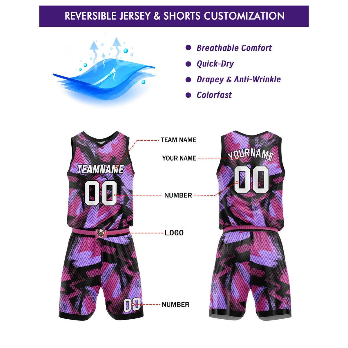 Custom Black Pink Purple Abstract Pattern Basketball Uniform | Personalized Team Kit - Vosoli