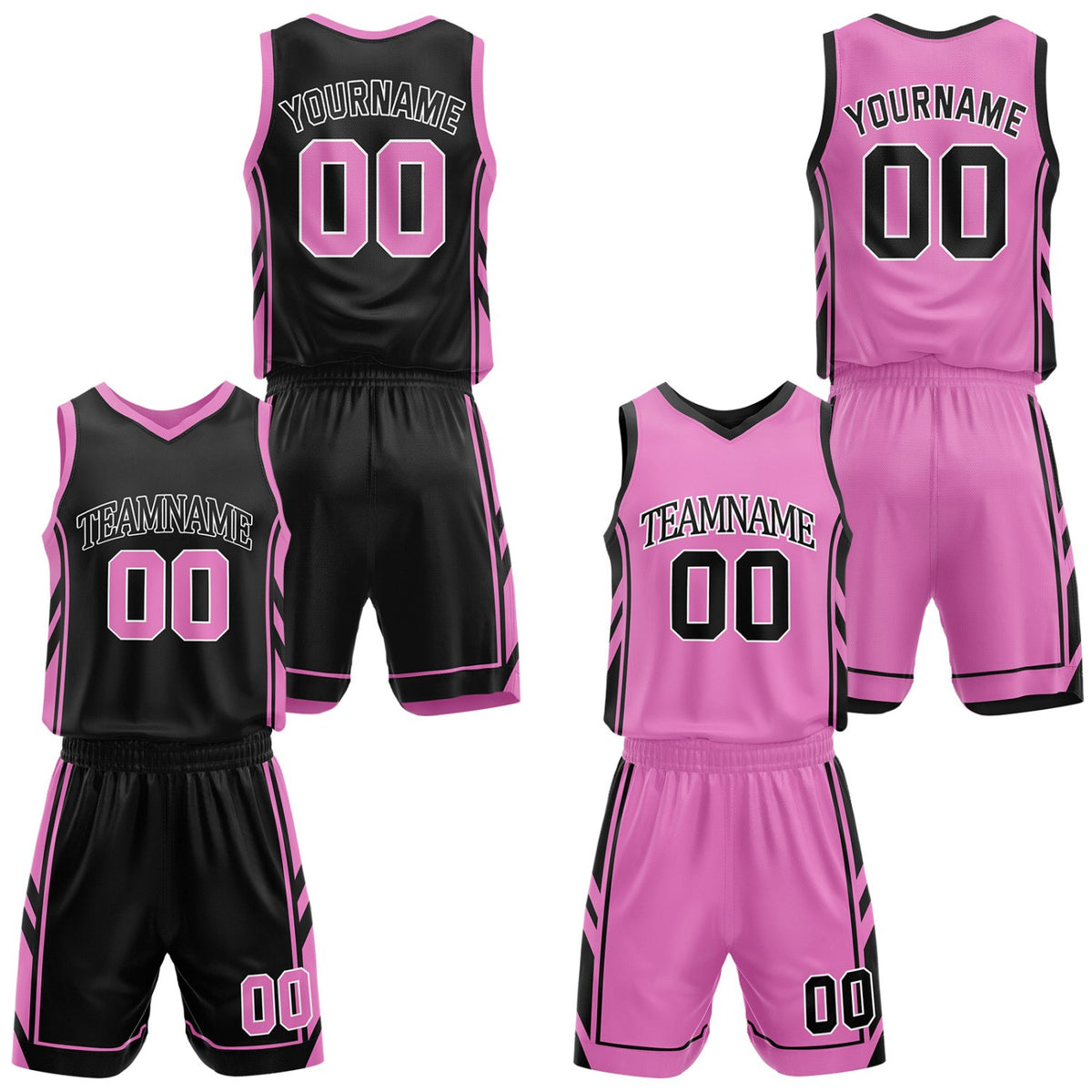 Custom black &amp; pink reversible basketball uniform set by Vosoli | Personalized team name, number &amp; logo | Breathable mesh jersey and shorts sport set