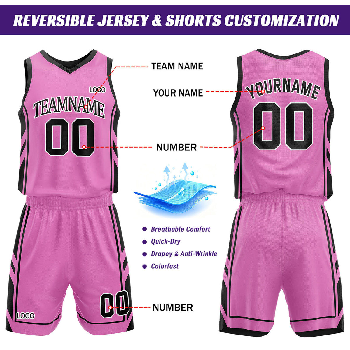 Custom Black & Pink Reversible Basketball Uniform Set | Personalized Name Number Sports Jersey Shorts Kit