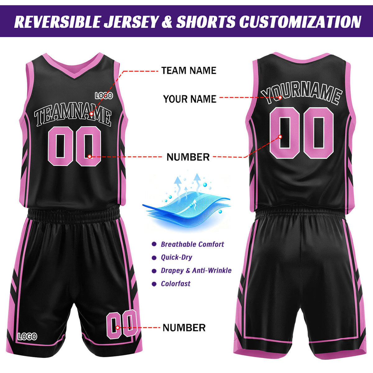 Custom Black & Pink Reversible Basketball Uniform Set | Personalized Name Number Sports Jersey Shorts Kit