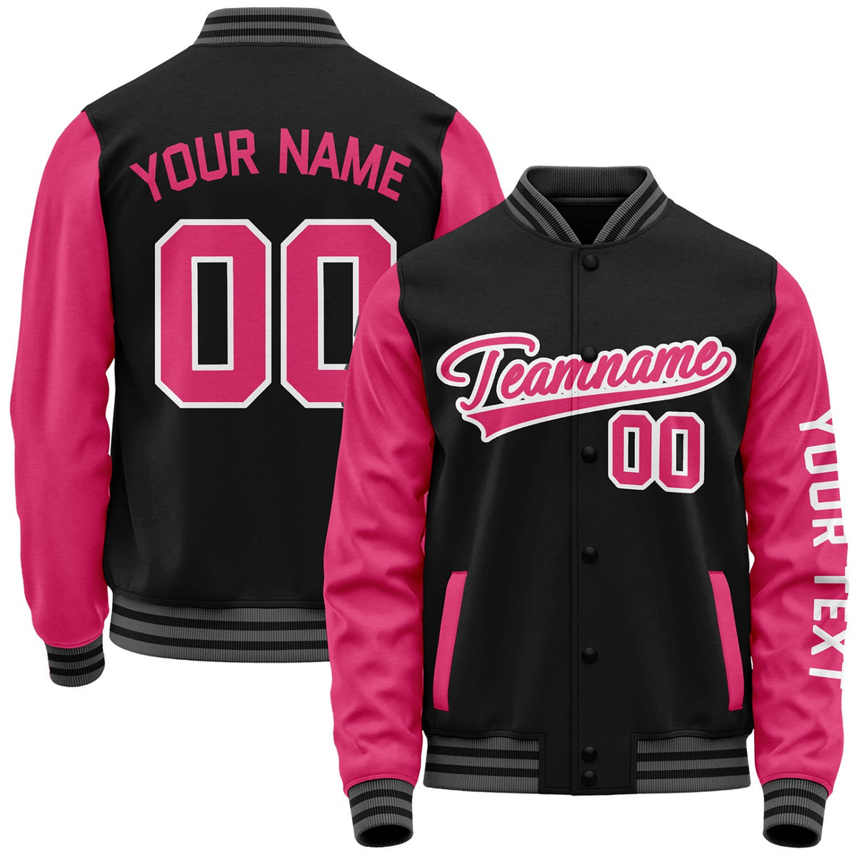 Custom black and pink team jackets for baseball by Vosoli with stitched name, number and logo. Classic varsity jacket for baseball and casual wear.