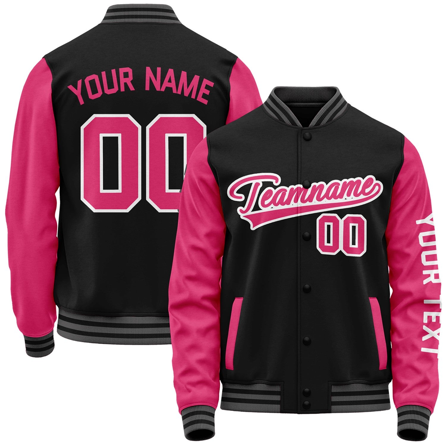 Custom black and pink team jackets for baseball by Vosoli with stitched name, number and logo. Classic varsity jacket for baseball and casual wear.