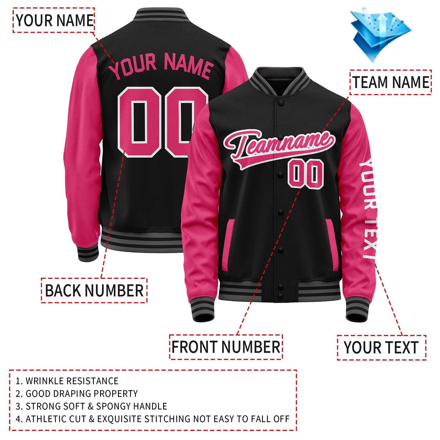 Custom Black Pink Jacket Personalized Team Name Number Letterman Bomber for Adult & Youth