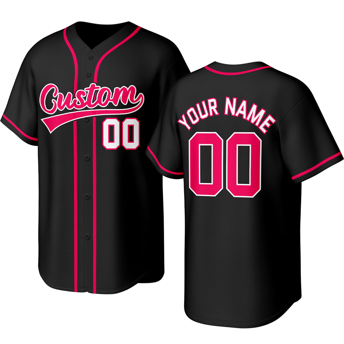 Custom black, pink &amp; white baseball jersey with stitched logo, personalized name &amp; number, button-front short-sleeve sports uniform for team men women youth game practice - Vosoli