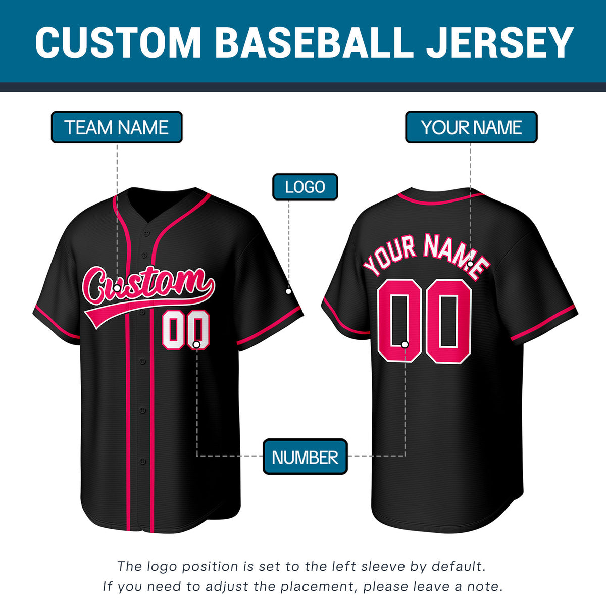 Custom Stitched Baseball Jersey Black Pink White | Personalized Name & Number | Team Uniform