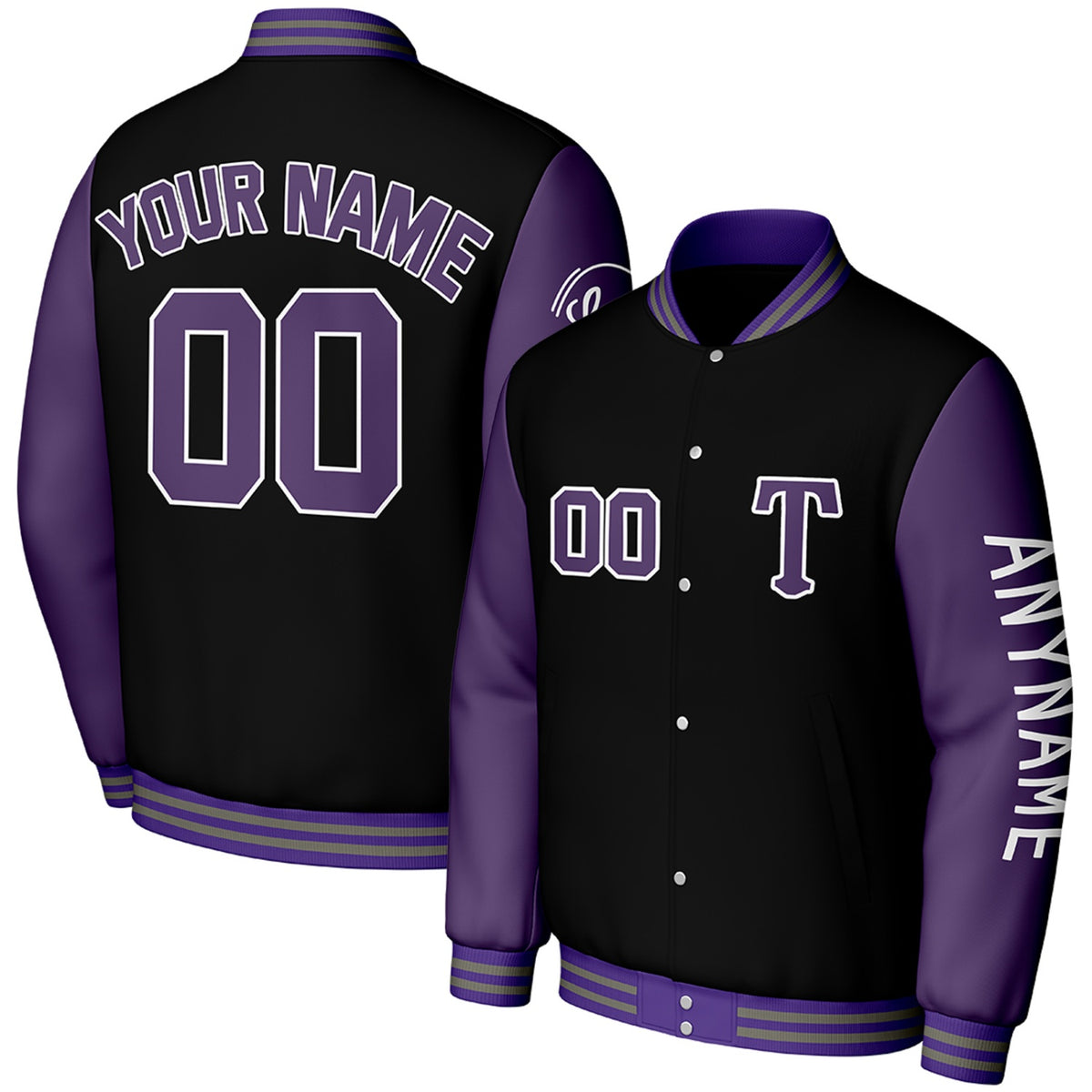 custom black purple baseball club jackets by Vosoli, personalized stitched name, number &amp; logo, classic button up varsity letterman jacket for baseball club team and casual wear
