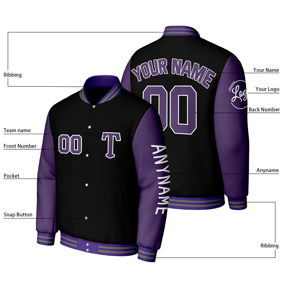 Custom Black & Purple Varsity Baseball Jacket | Personalized Letterman Baseball Bomber for Adult & Youth