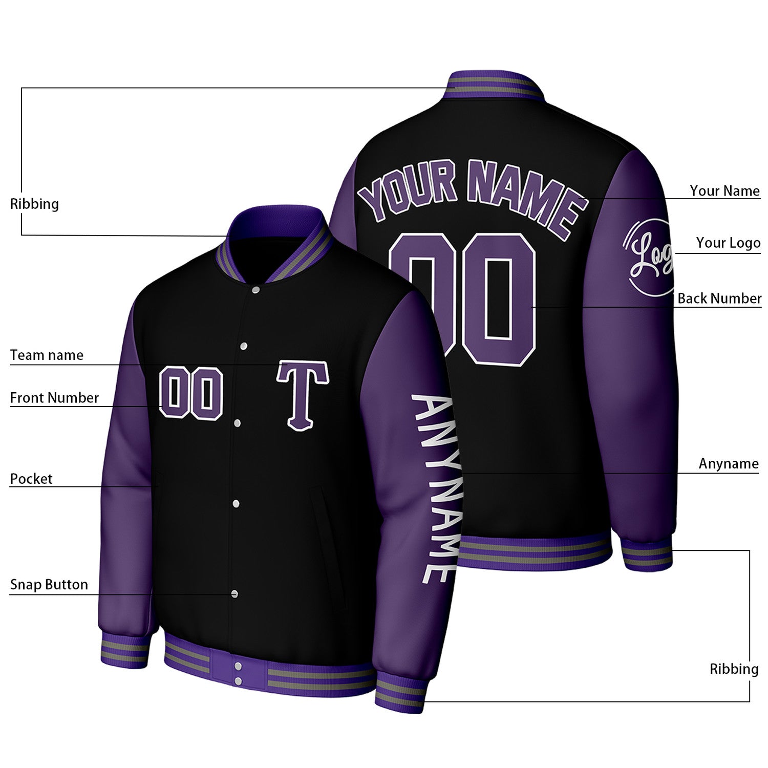 Custom Black & Purple Varsity Baseball Jacket | Personalized Letterman Baseball Bomber for Adult & Youth