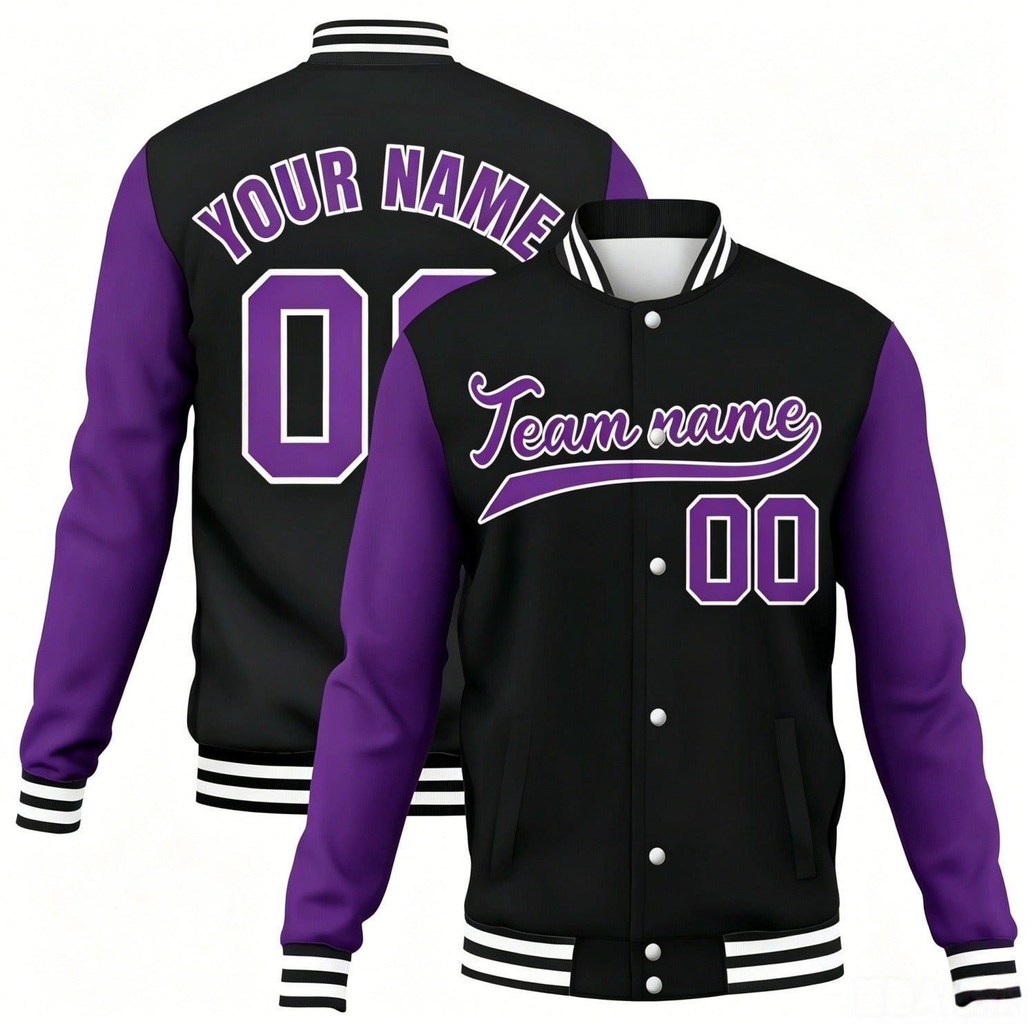 Custom black-purple contrast sleeve stitched varsity baseball jacket by Vosoli | Personalized team name & number jacket for youth & adults