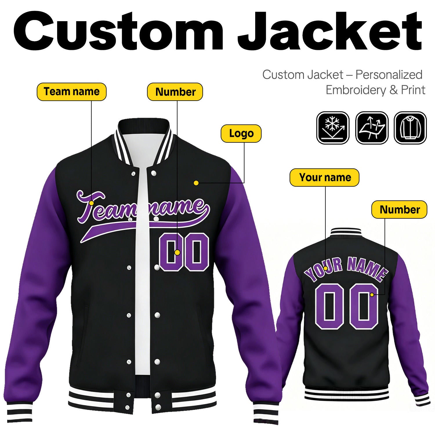Custom Black & Purple Contrast Sleeve Varsity Baseball Jacket | Personalized Team Name & Number