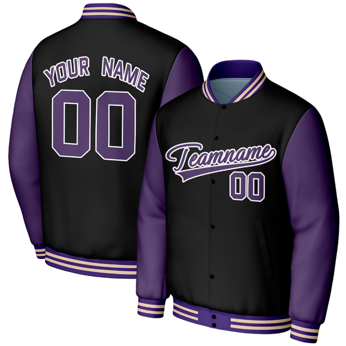 custom black purple college baseball jackets by Vosoli, personalized stitched name, number &amp; logo, classic button up varsity letterman jacket for college baseball team and casual wear