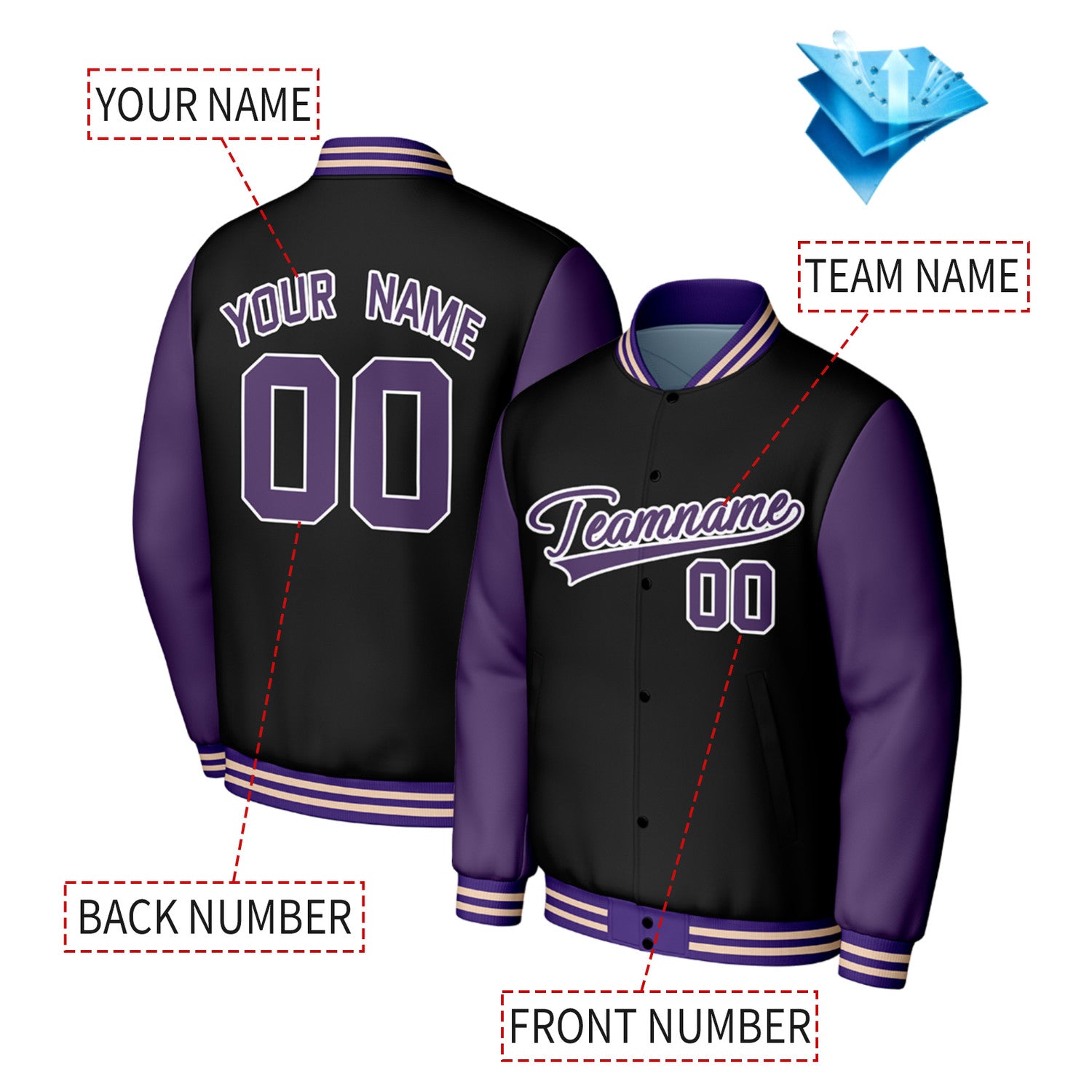 Custom Black & Purple Varsity Baseball Jacket | Personalized Jacket with Stitched Name & Number for Adult & Youth
