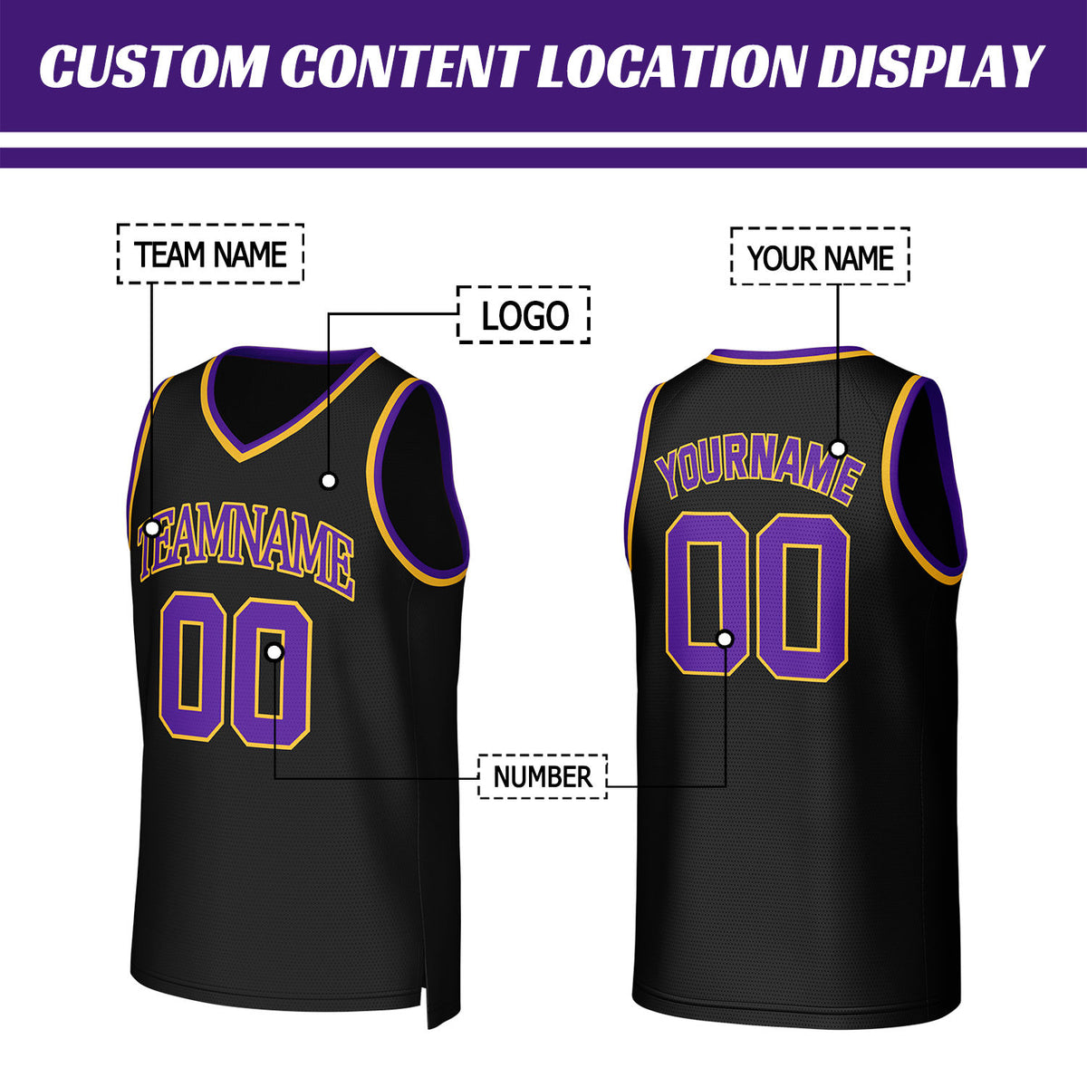 Custom Black, Purple & Gold Basketball Jersey | Personalized Name & Number Team Uniform