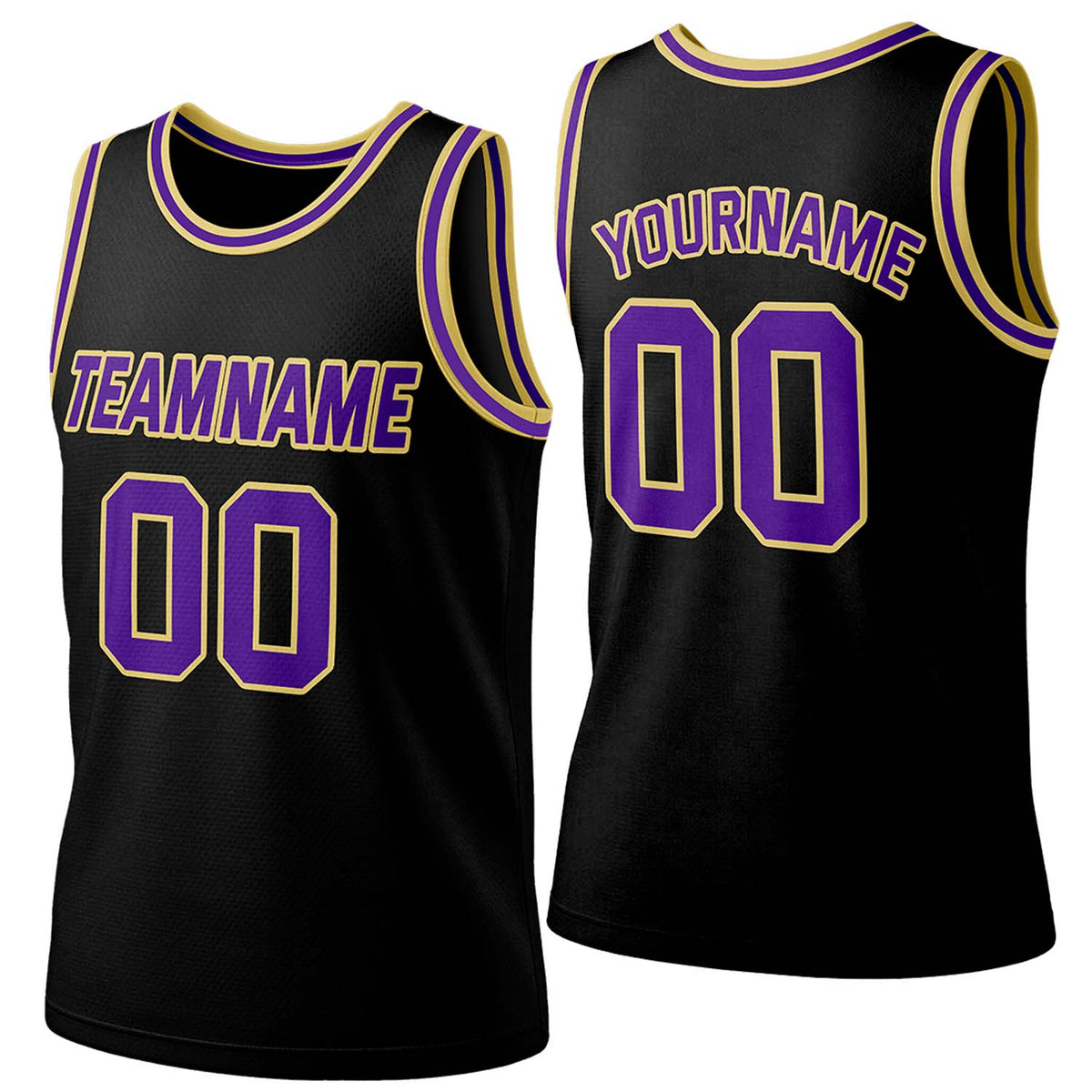 Custom black-purple-gold mesh basketball jersey by Vosoli | Personalized name &amp; number team uniform for youth &amp; adults