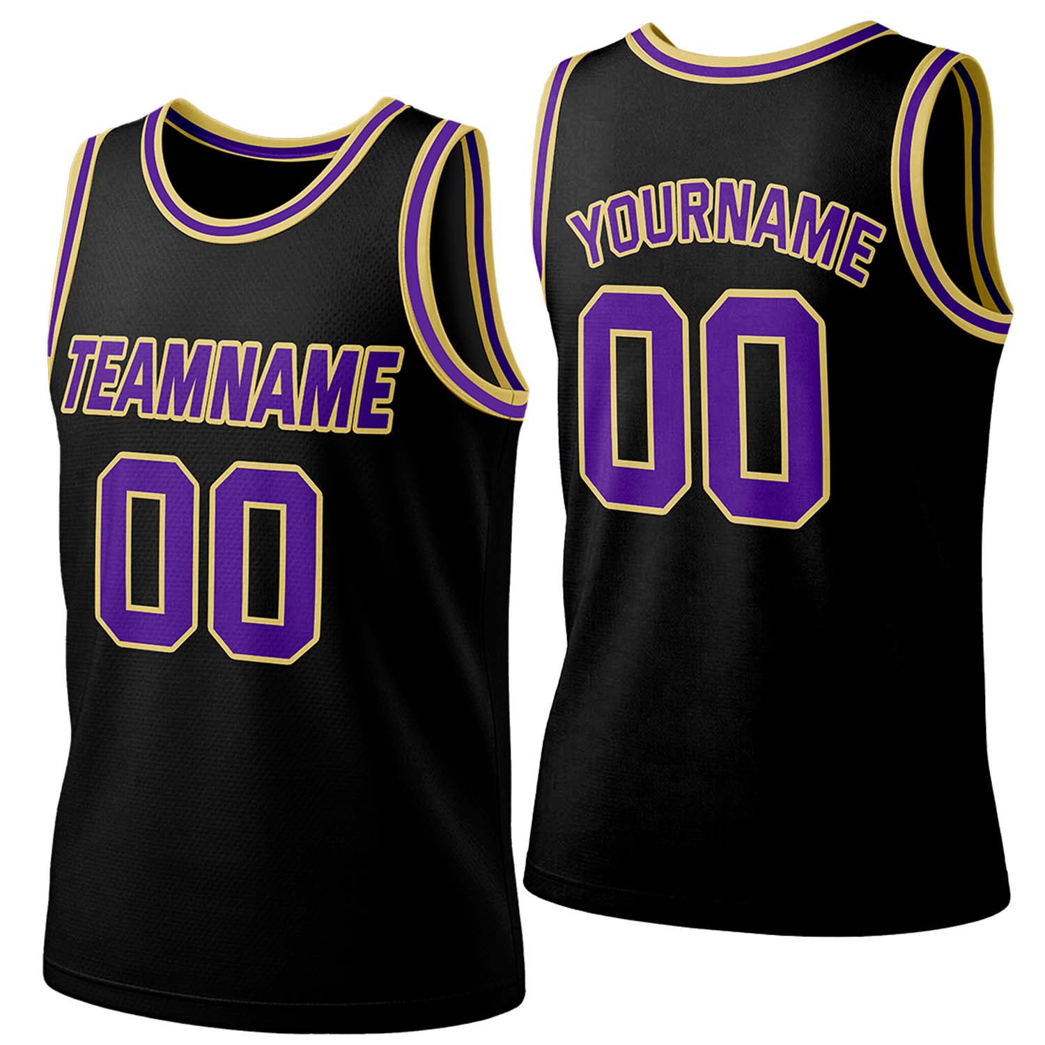 Custom black-purple-gold mesh basketball jersey by Vosoli | Personalized name & number team uniform for youth & adults