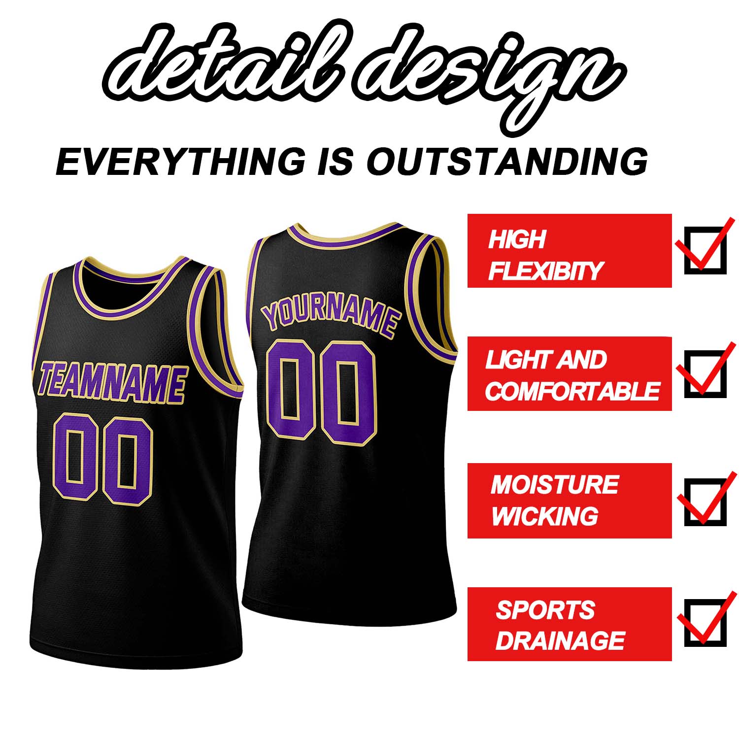Custom Black & Purple Gold Mesh Basketball Jersey | Personalized Team Uniform