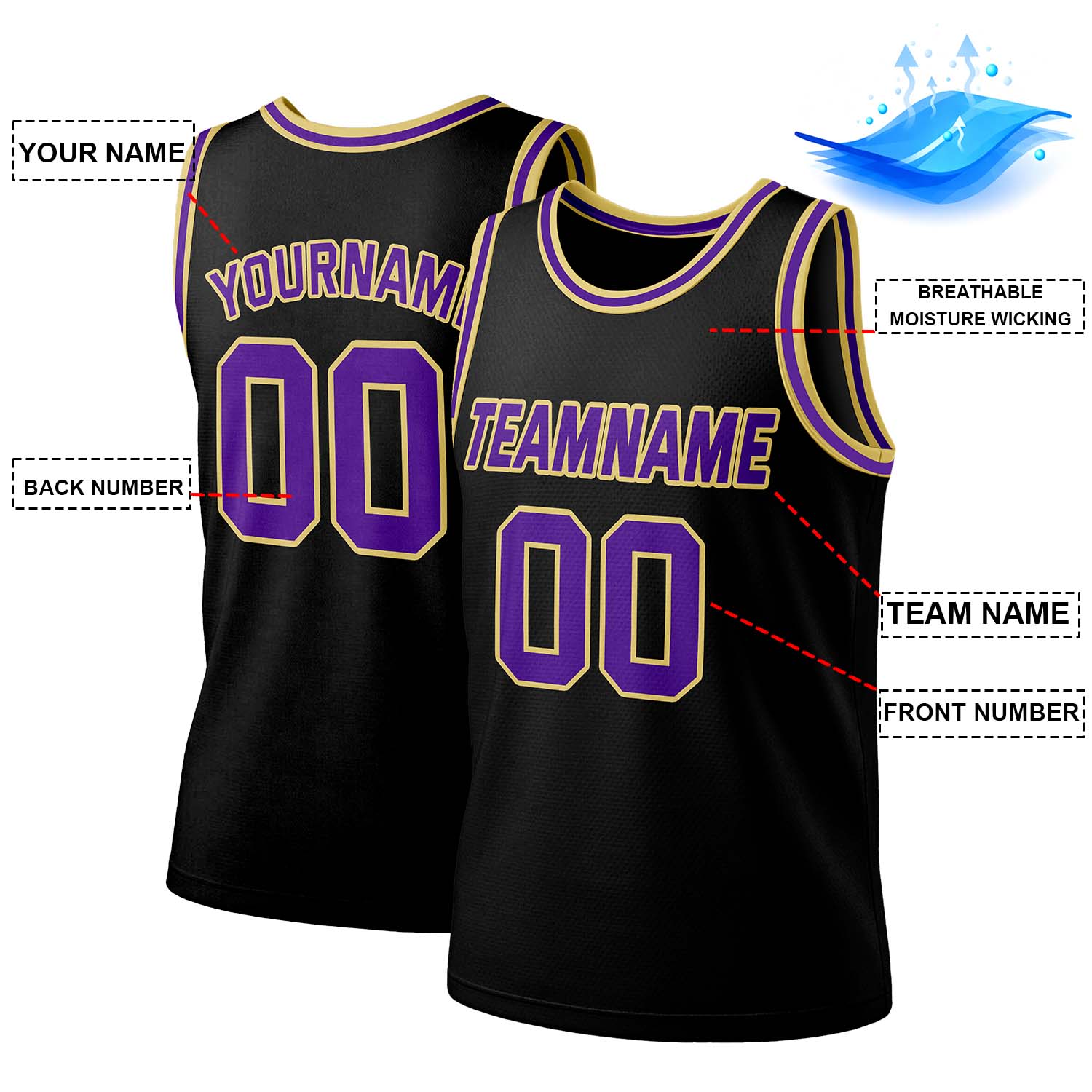 Custom Black & Purple Gold Mesh Basketball Jersey | Personalized Team Uniform