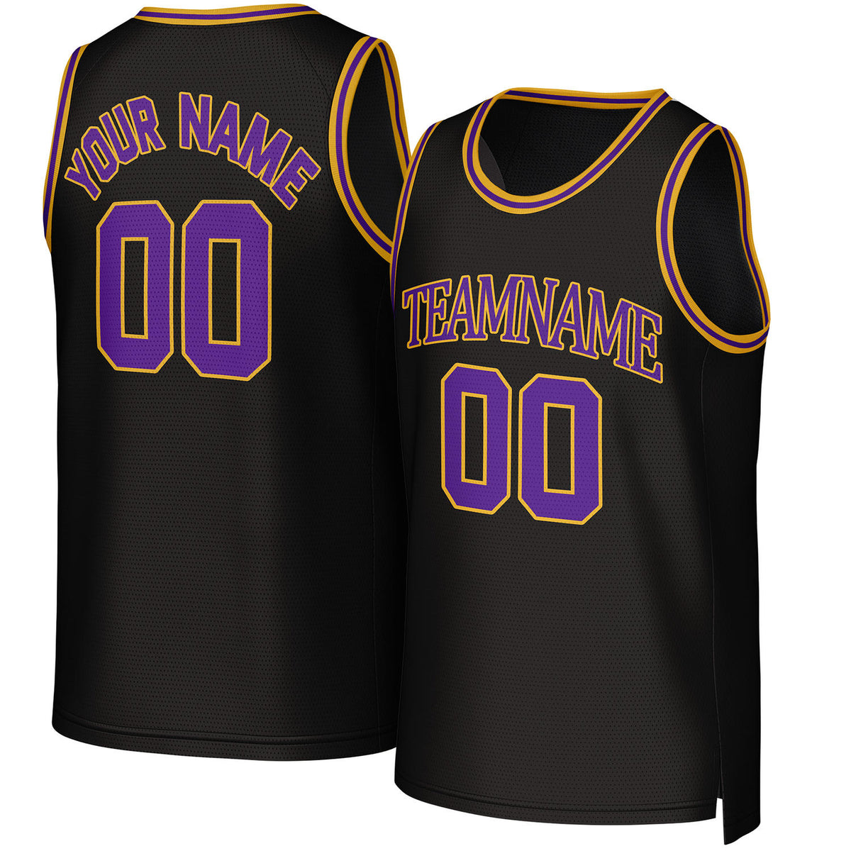 Custom black & purple basketball jersey by Vosoli. Personalized with team name, player name, number, and logo. Breathable mesh jersey for high school, college, AAU teams.