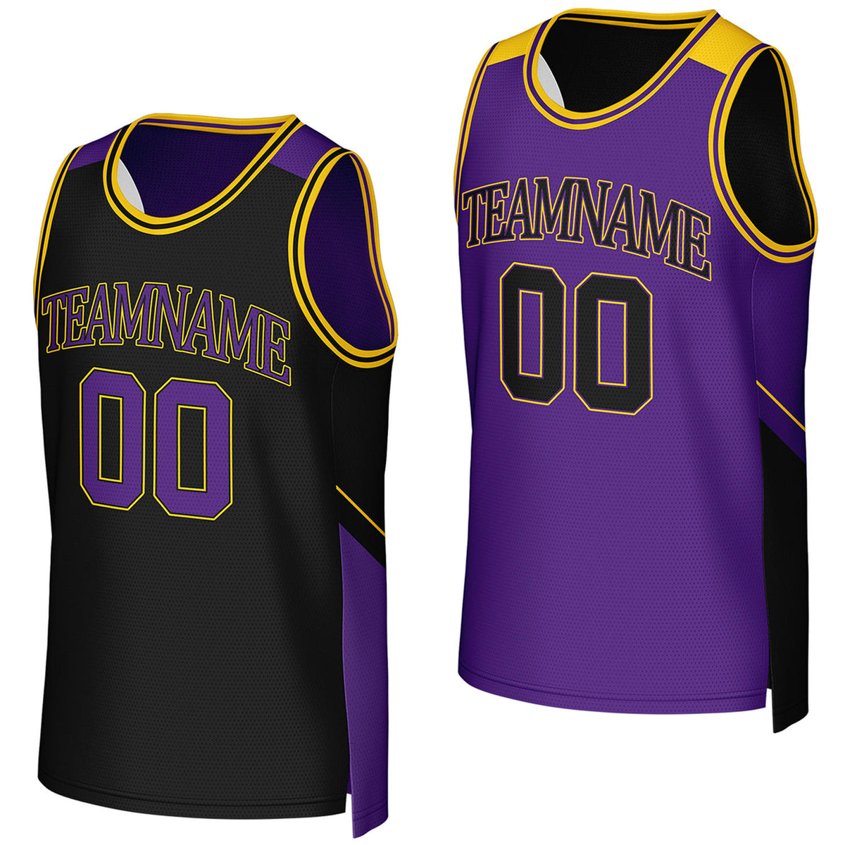 Custom black & purple reversible basketball jersey by Vosoli. Personalized with team name, player name, number, and logo on both sides. Breathable mesh 2-in-1 jersey for high school, college, AAU teams.
