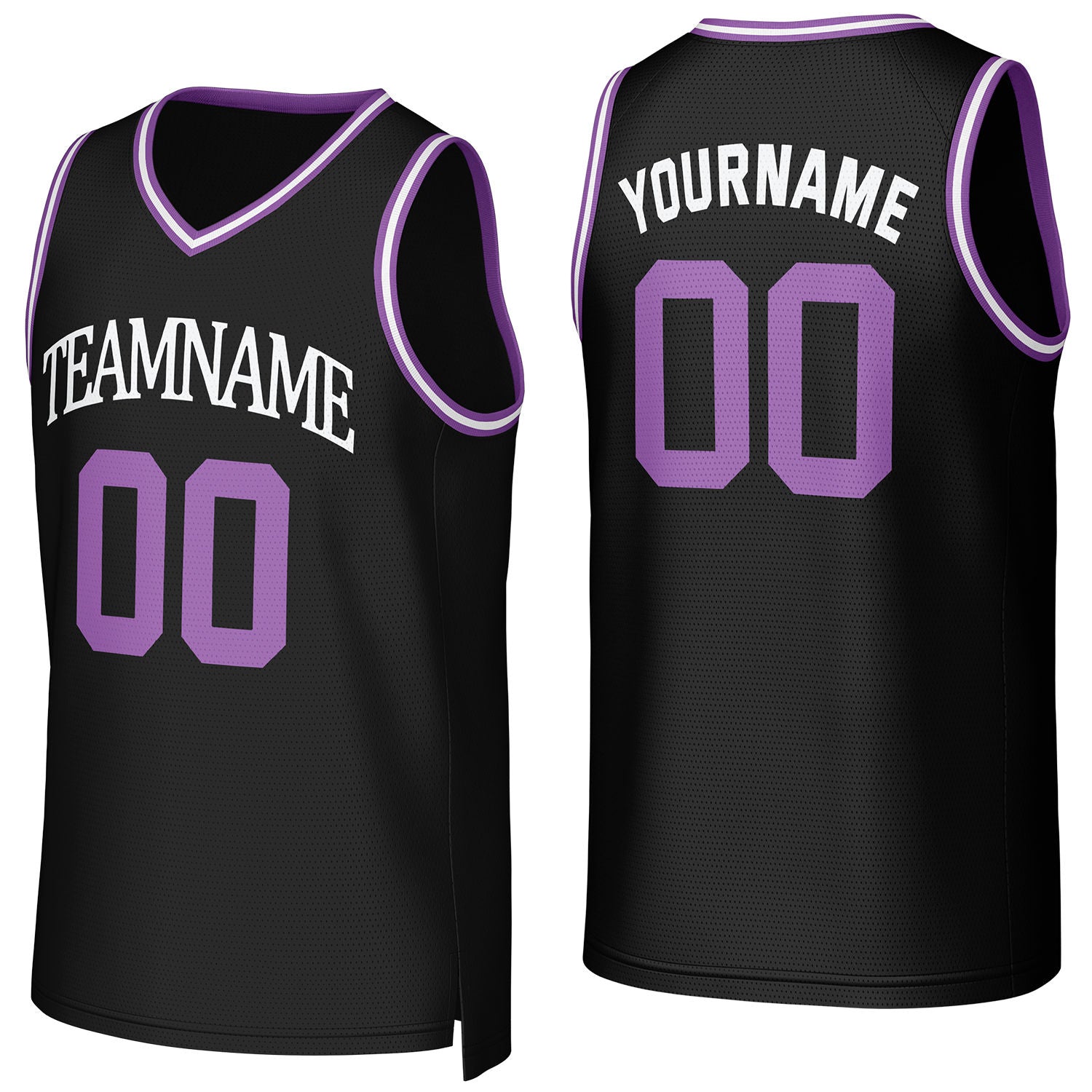 Custom black-purple V-neck mesh basketball jersey by Vosoli | Personalized name & number team uniform for youth & adults