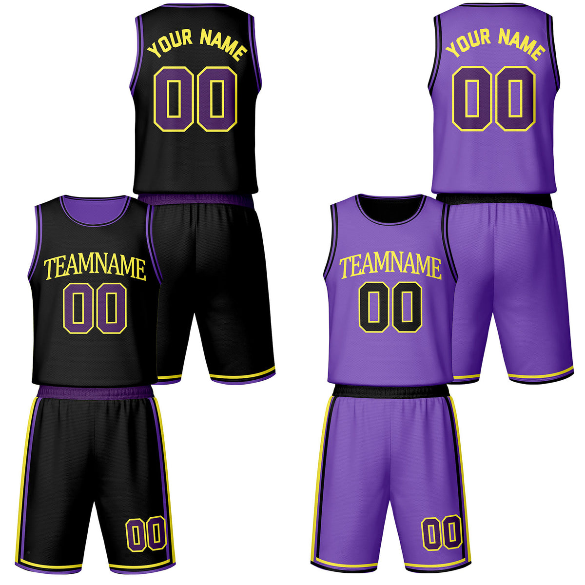 Custom black &amp; purple reversible basketball jersey shorts set by Vosoli | Personalized team name number vintage uniform sportswear