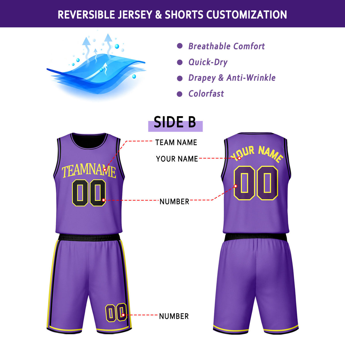 Custom Black & Purple Reversible Basketball Jersey Shorts Set | Personalized Team Uniform