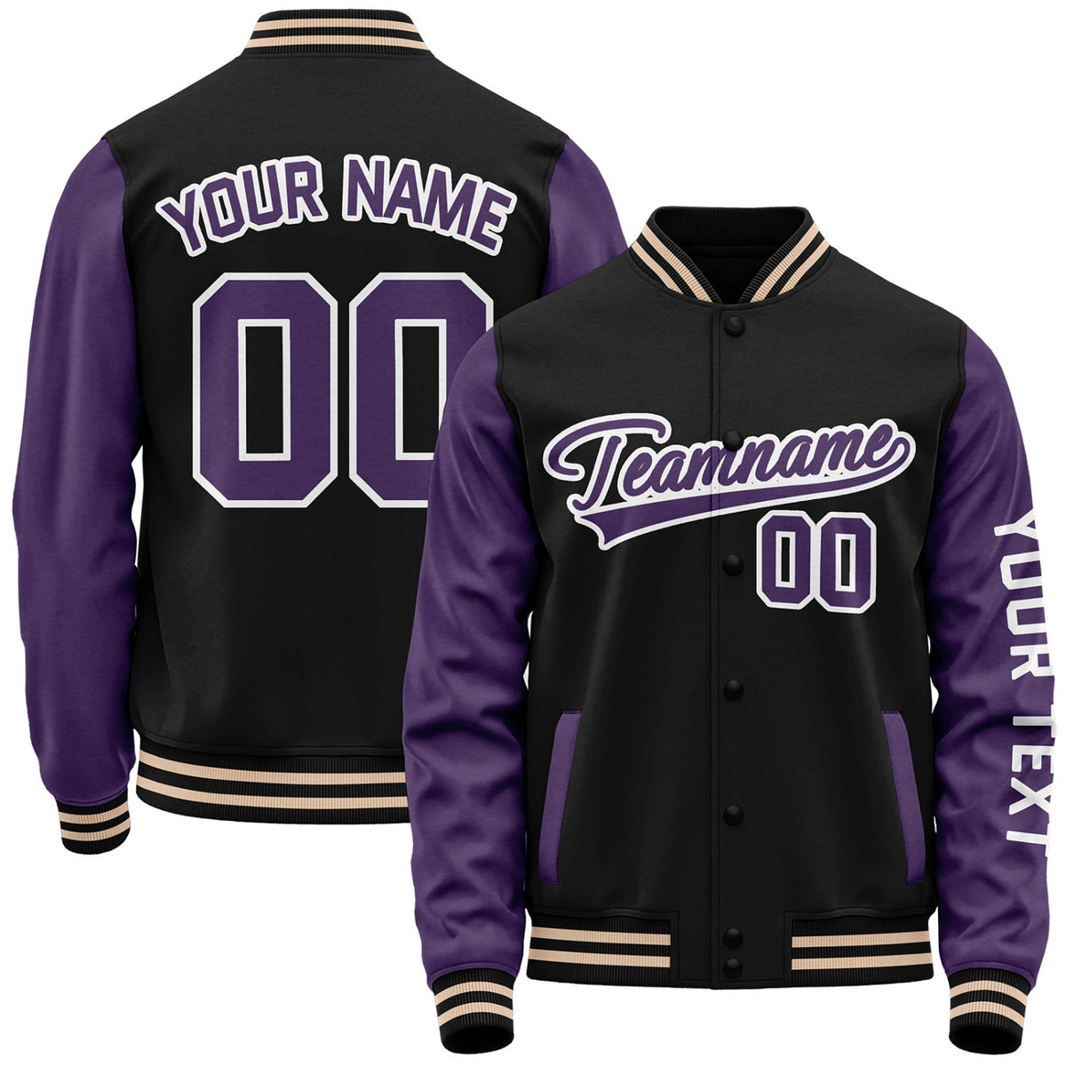 Custom black and purple team baseball jackets wholesale by Vosoli with stitched name, number and logo. Classic varsity jacket for baseball and casual wear.