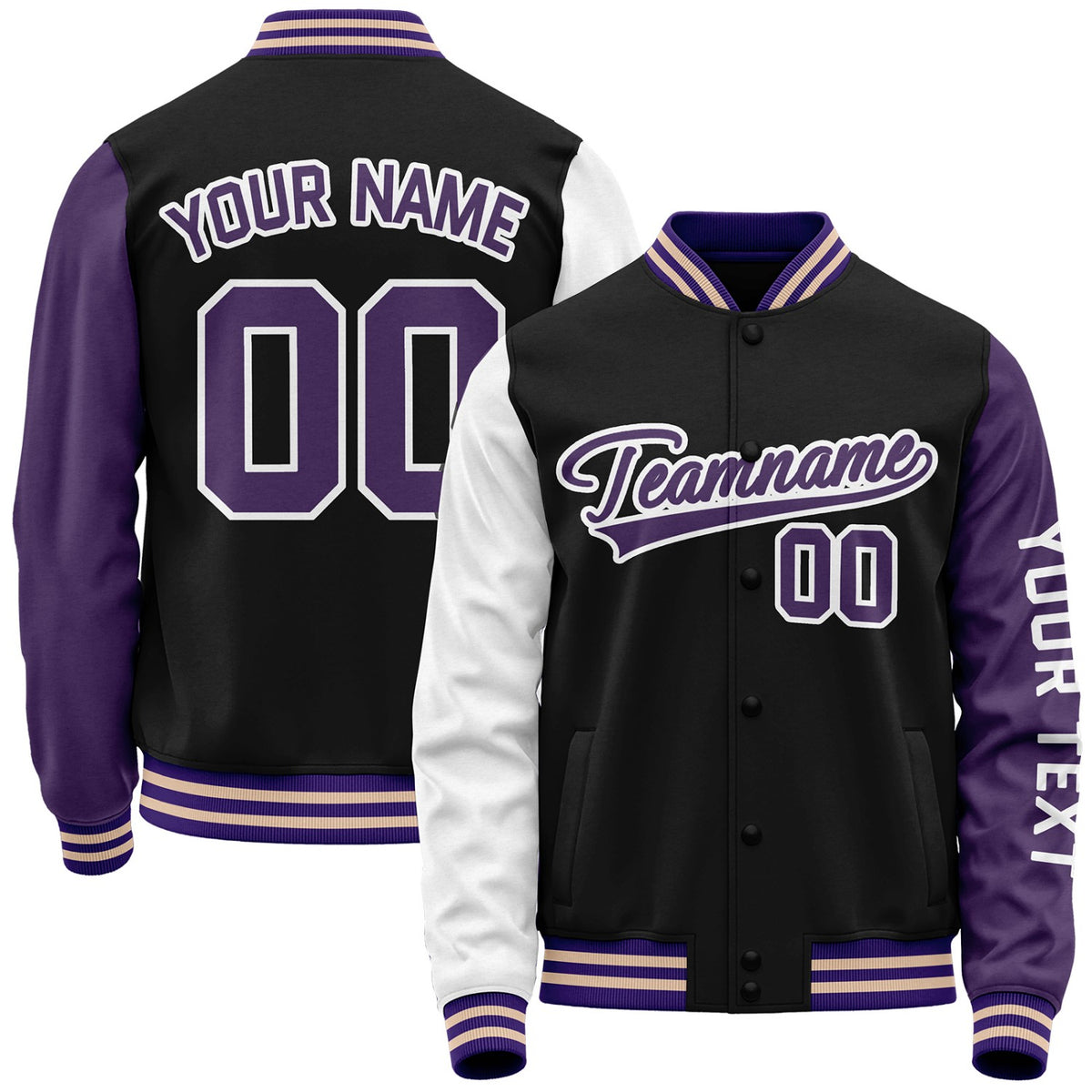 Custom black and purple team jackets for baseball by Vosoli with stitched name, number and logo. Classic varsity jacket for baseball and casual wear.