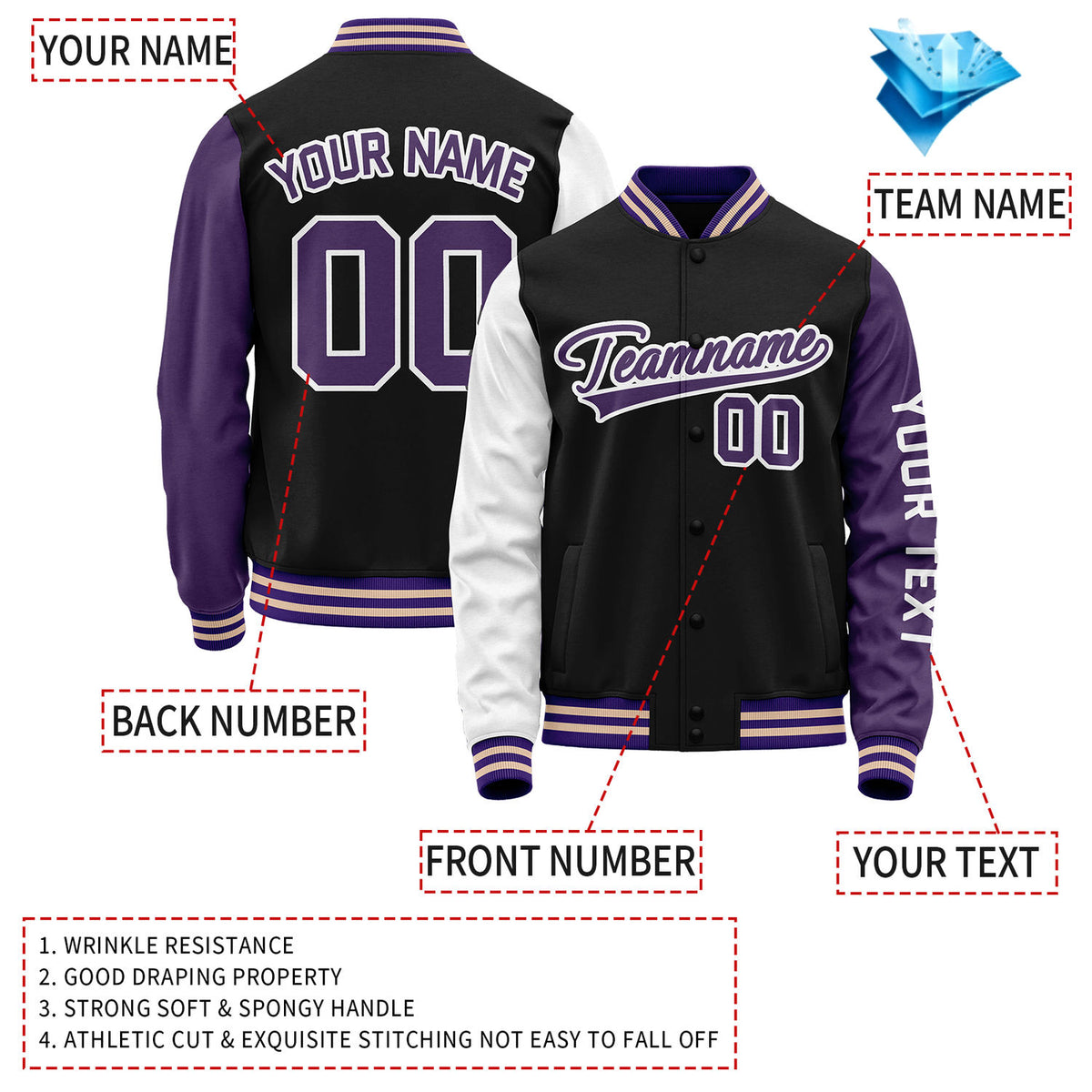 Custom Black Purple Jacket Personalized Team Name Number Letterman Bomber for Adult & Youth