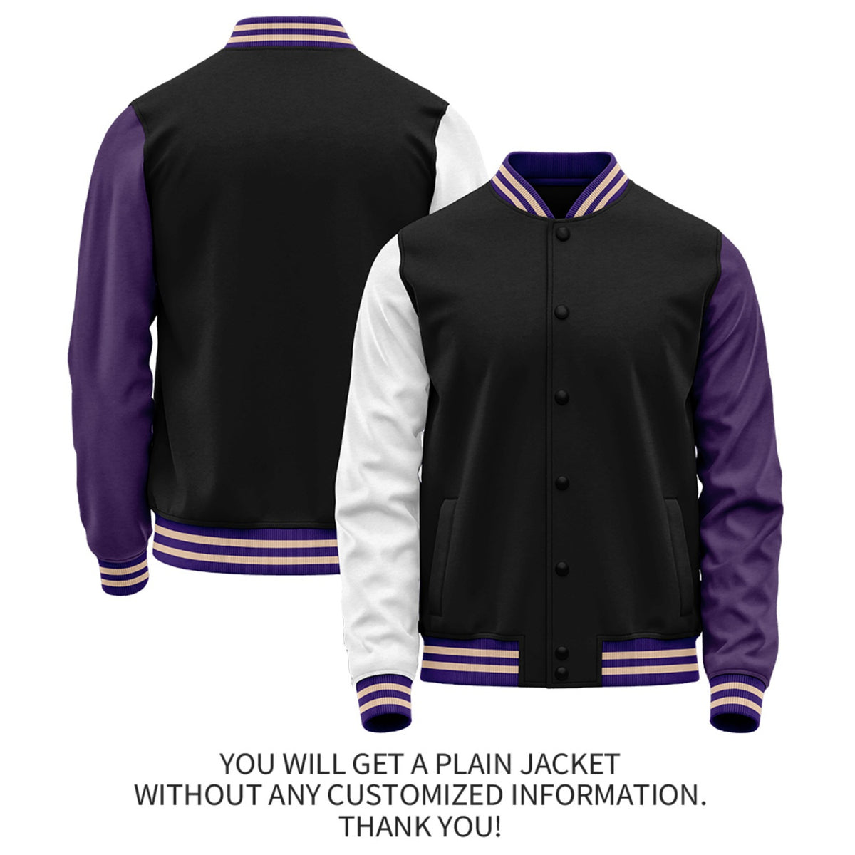 Custom Black Purple Jacket Personalized Team Name Number Letterman Bomber for Adult & Youth