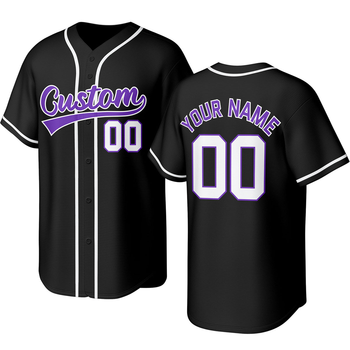 Custom black, purple &amp; white baseball jersey with stitched logo, personalized name &amp; number, button-front short-sleeve sports uniform for team men women youth game practice - Vosoli