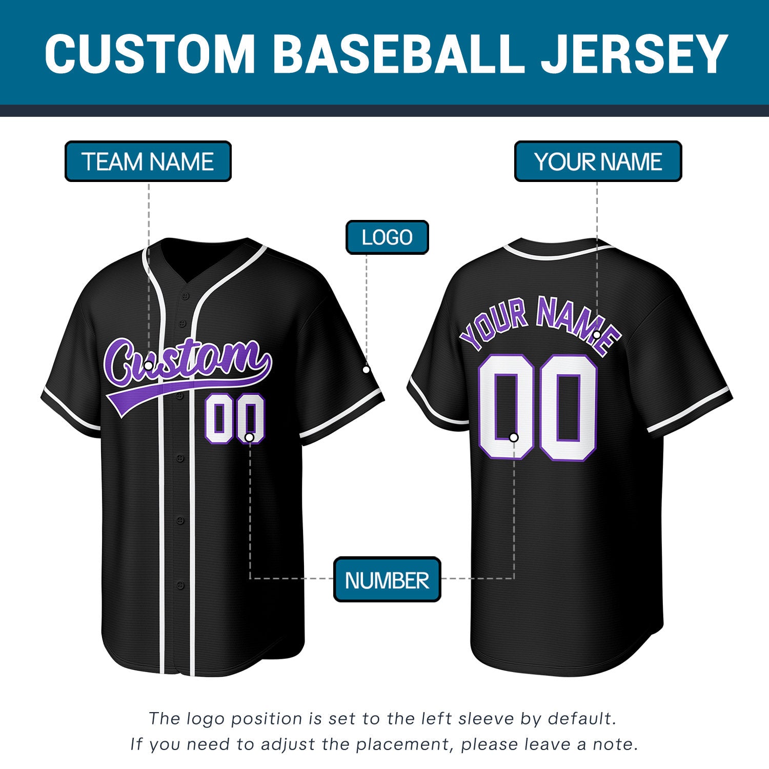 Custom Stitched Baseball Jersey Black Purple White | Personalized Name & Number | Team Uniform