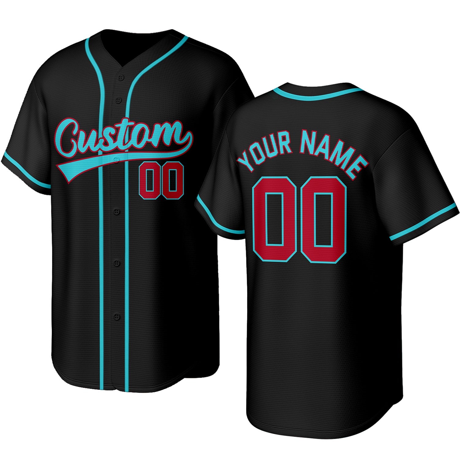 Custom black, red & aqua baseball jersey with logo, personalized name & number, button-front short-sleeve sports uniform for team men women youth game practice - Vosoli