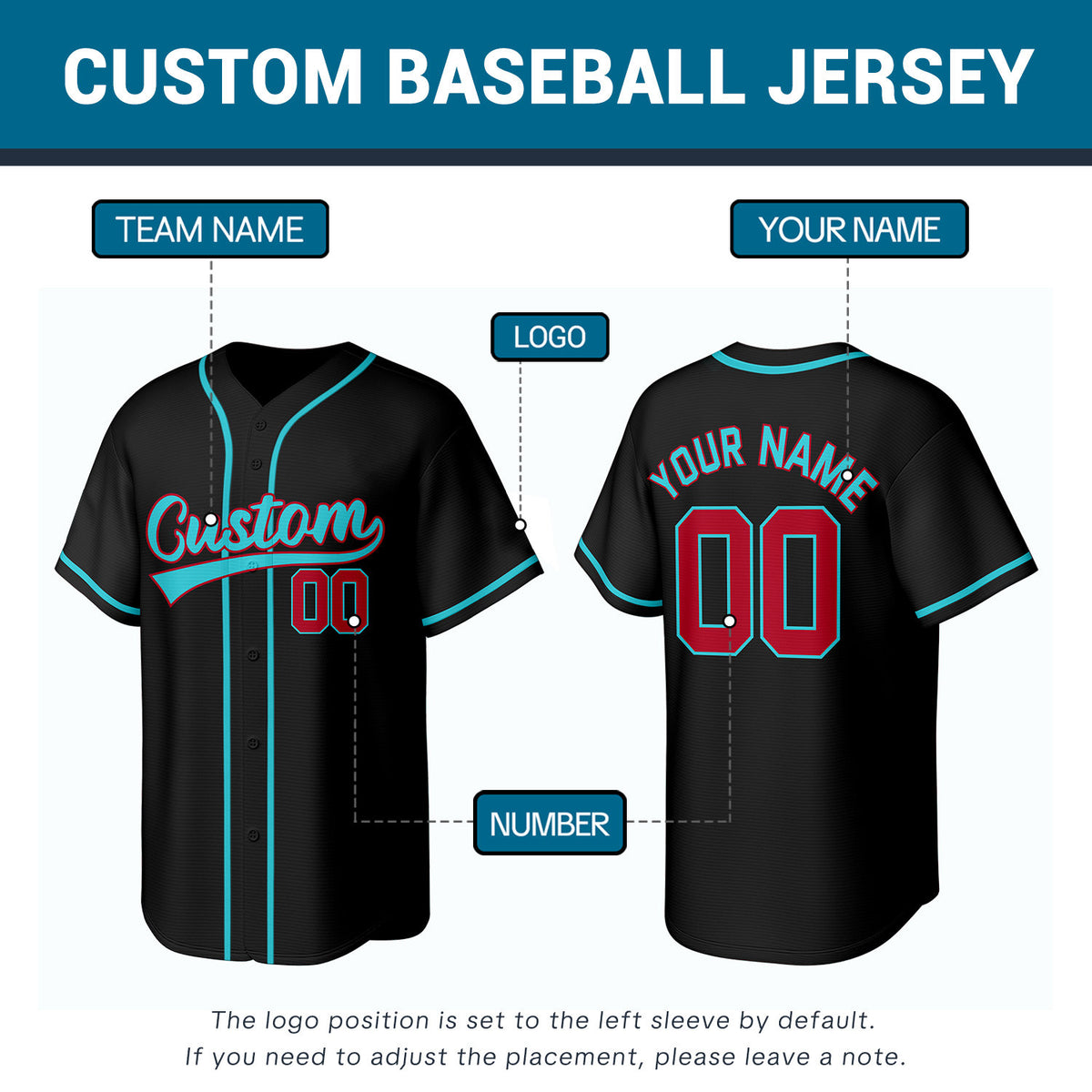 Custom Black Red & Aqua Personalized Baseball Jersey | Team Sports Uniform | Vosoli