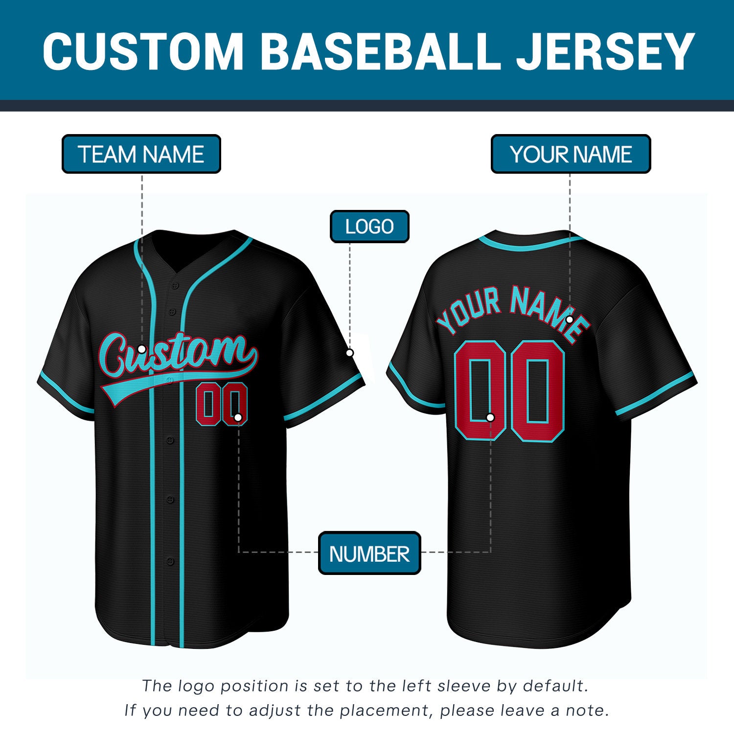 Custom Black Red & Aqua Personalized Baseball Jersey | Team Sports Uniform | Vosoli