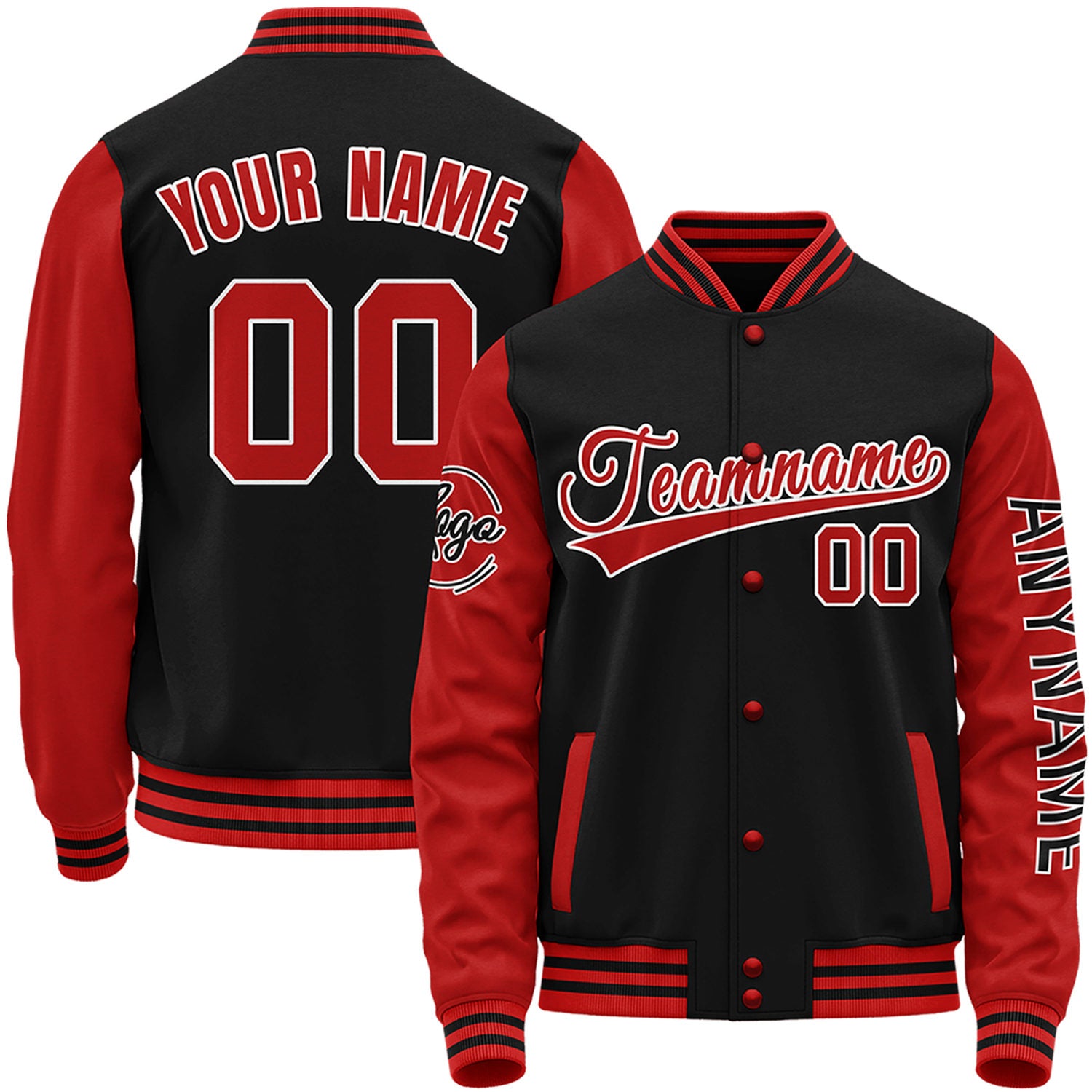 Custom black and red baseball apparel by Vosoli with stitched name, number and logo. Classic varsity jacket for baseball and casual wear.