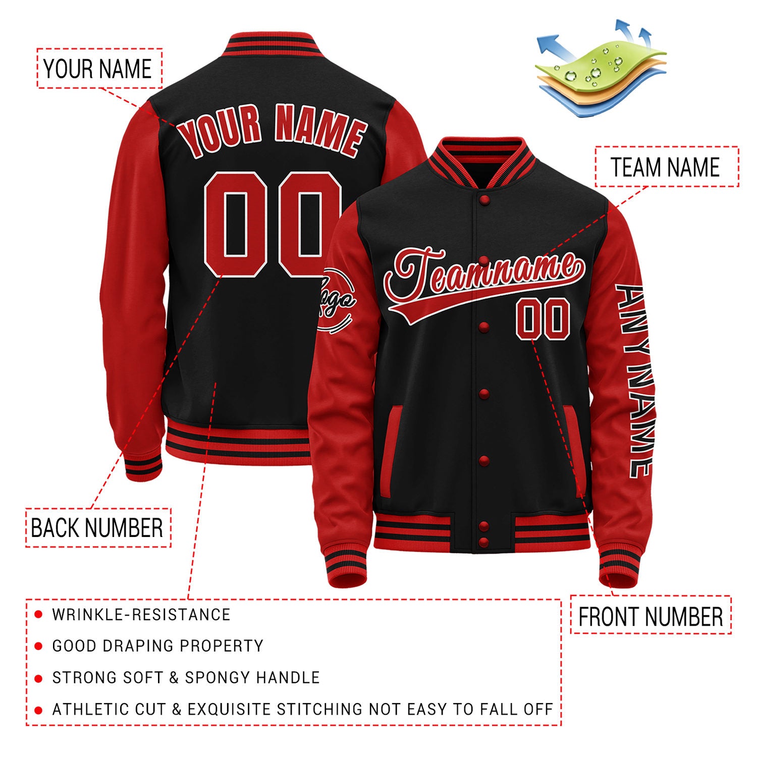 Custom Black & Red Two Tone Varsity Letterman Jacket | Personalized Stitched Team Name Number Outerwear