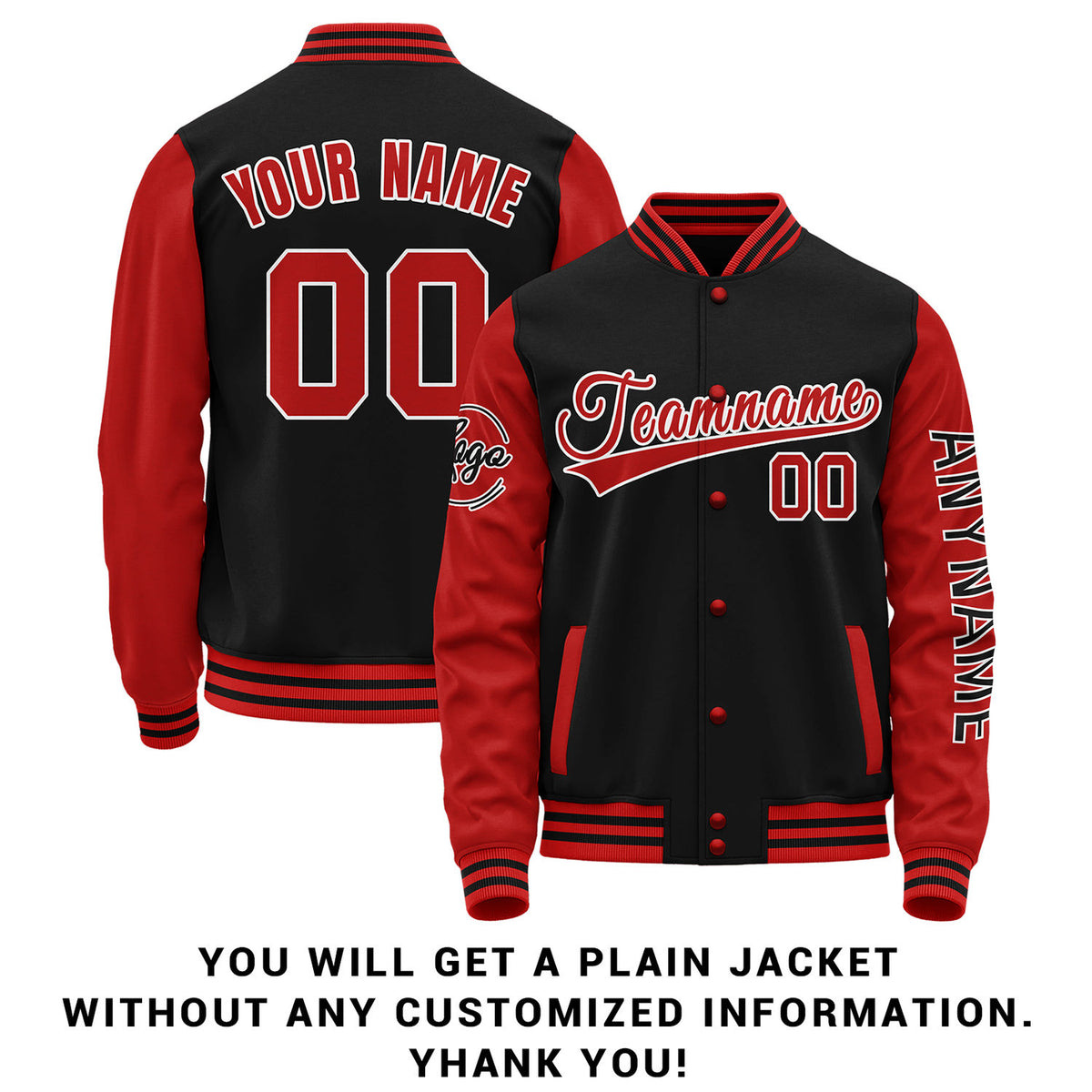 Custom Black & Red Two Tone Varsity Letterman Jacket | Personalized Stitched Team Name Number Outerwear