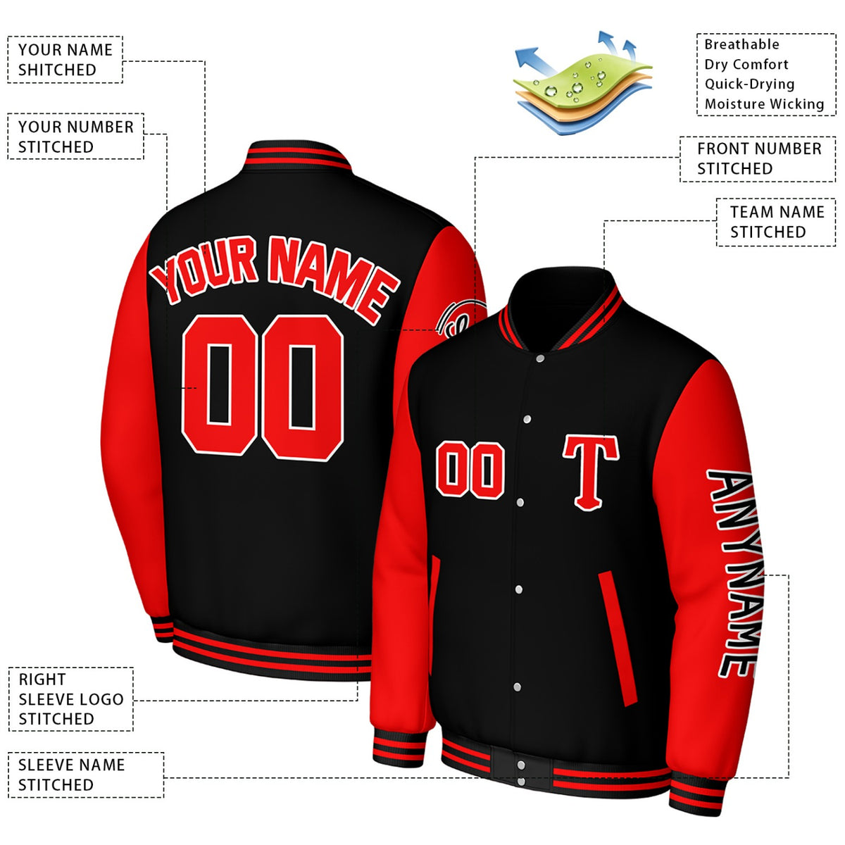 Custom Black & Red Varsity Baseball Jacket | Personalized Letterman Baseball Bomber for Adult & Youth