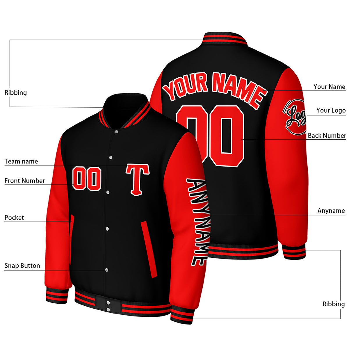Custom Black & Red Varsity Baseball Jacket | Personalized Letterman Baseball Bomber for Adult & Youth