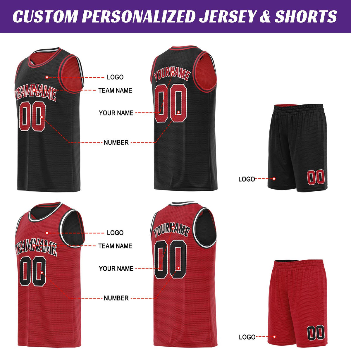 Custom Black & Red Basketball Jersey Set | Personalized Team Uniform | Vosoli