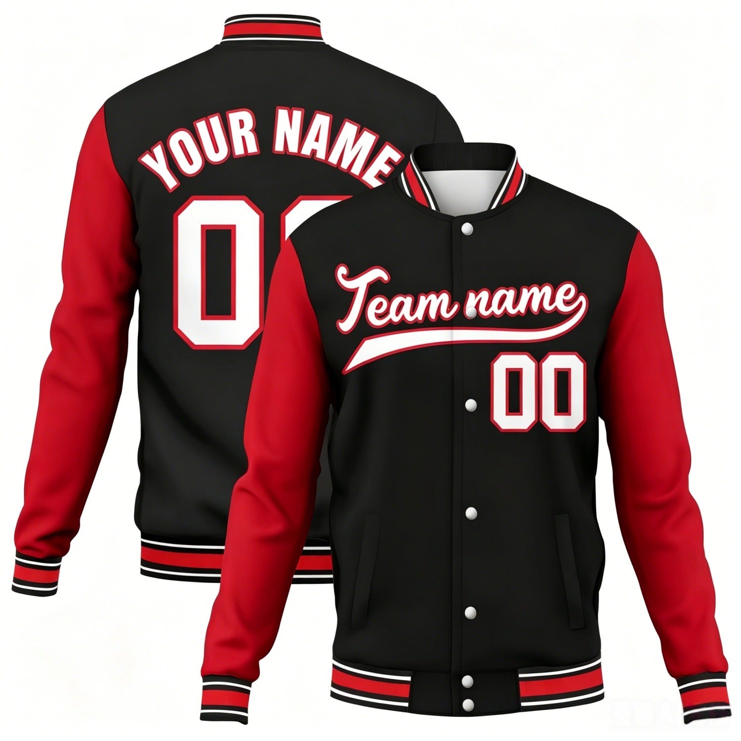 Custom black-red contrast sleeve stitched varsity baseball jacket by Vosoli | Personalized team name & number jacket for youth & adults