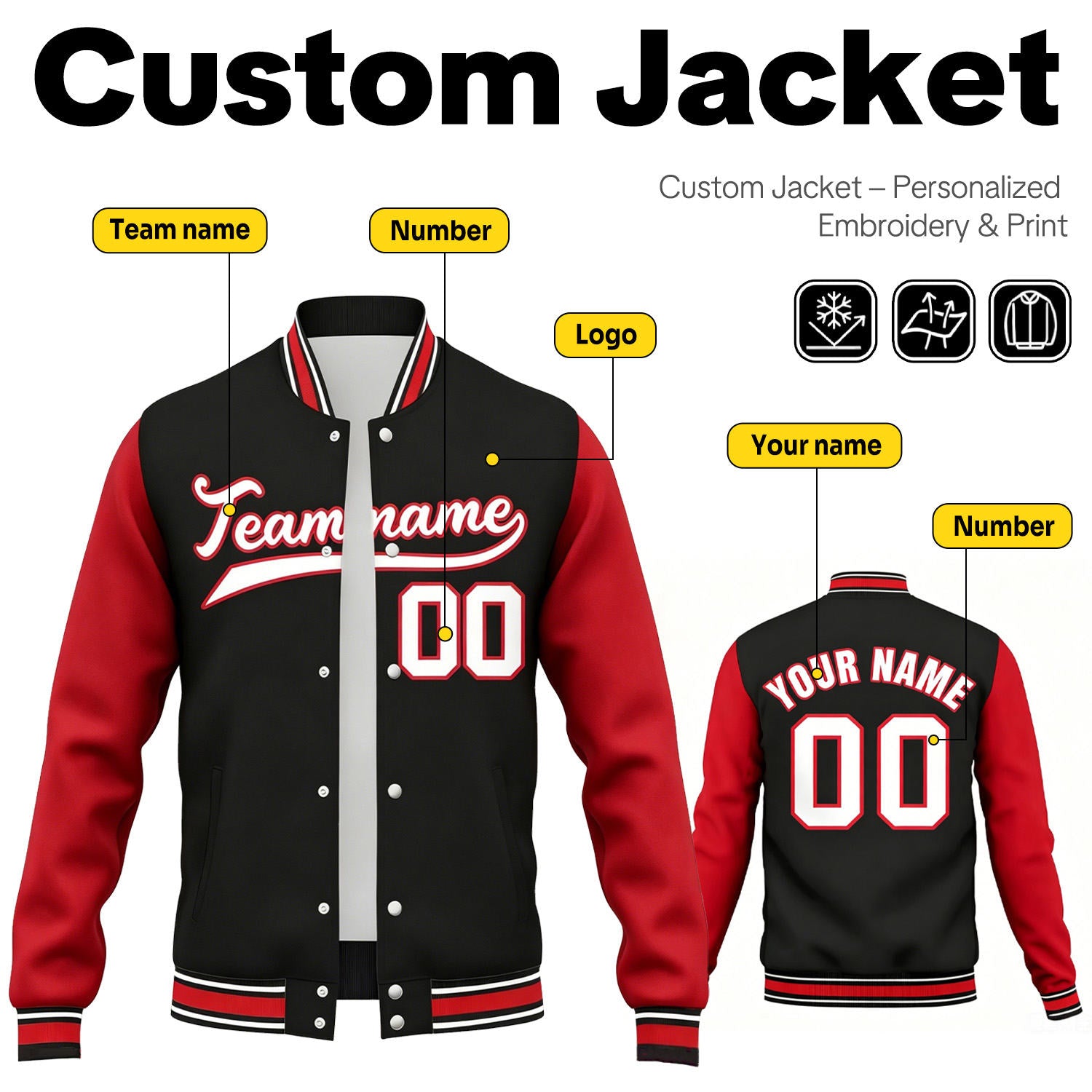 Custom Black & Red Contrast Sleeve Varsity Baseball Jacket | Personalized Team Name & Number
